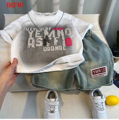 Boys Summer 2025 Boutique Design Outfits Baby Boys Short Sleeve Striped T-Shirt Jeans Shorts 2pcs Korean Clothes for Children