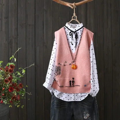 2023 Spring and Autumn New Korean V-neck Knitted Tank Top for Women's Casual Loose Sleeveless Age Reducing Top