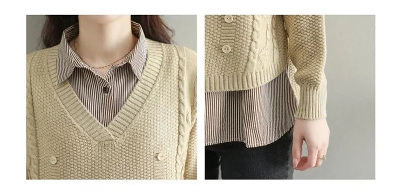 New Fake Two Piece Top Knit Sweater Women's Splice Shirt Collar Spring Autumn  Korean Loose Long Sleeve Sweater Female Pullover