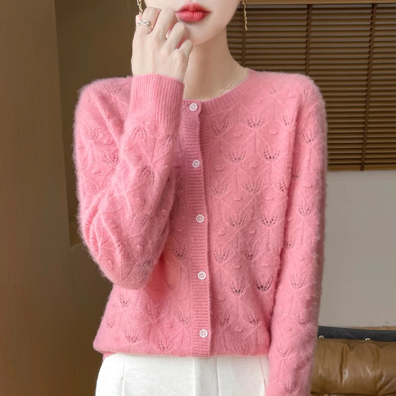 2024 Autumn And Winter New Round Neck Hollowed Out 100 Wool Knitted Cardigan Women's Versatile Coat Loose Casual Sweater DMR281