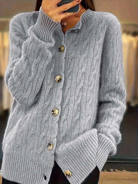 Winter Clothes Woman Light Gray Cable Knit Cardigan Button Front Pocket Detail, Ideal for Casual Outings Cozy Styles