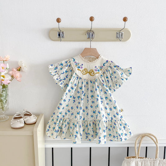 Summer girls' dress, bow-embroidered fly-sleeved dress, floral printed casual dress