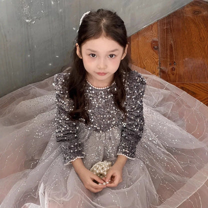 Girls' Dress with Bright Opening Veil and Thick Velvet, Super Fairy Princess Dress, 2025 Winter Clothing New Children's Clothing