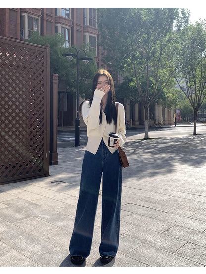 Zjaiss 2025 Autumn Winter Elegance Solid Color V-neck Sweater Knitted Casual Cardigan Unique And Niche Slim Fit Tops