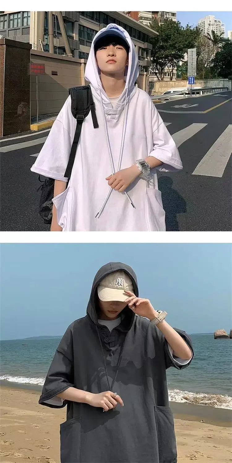 Summer Men's Short-sleeved Sweatshirt with Hat High Street Trend New T-shirt Half-sleeved Hooded Denim T-shirt