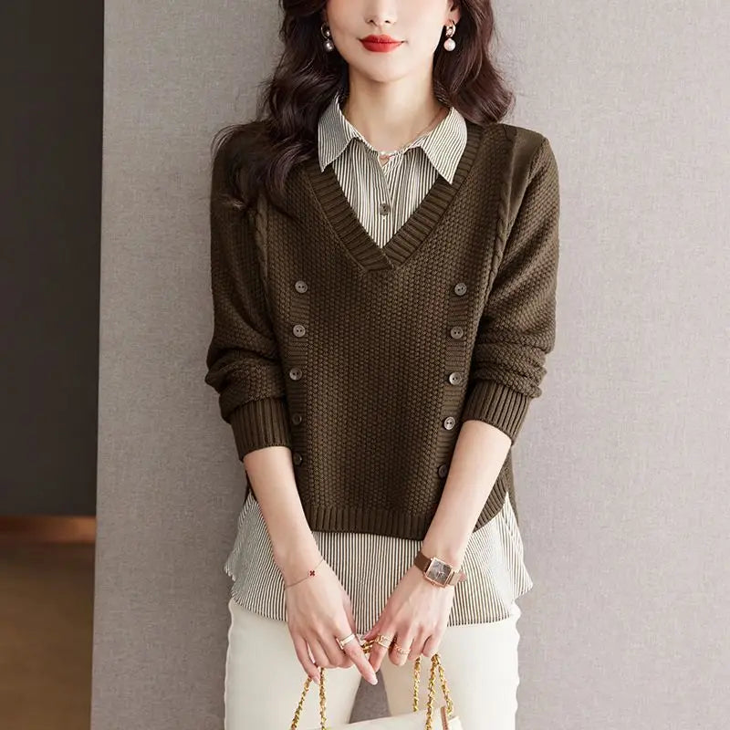 New Fake Two Piece Top Knit Sweater Women's Splice Shirt Collar Spring Autumn  Korean Loose Long Sleeve Sweater Female Pullover