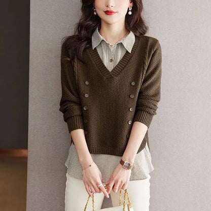 New Fake Two Piece Top Knit Sweater Women's Splice Shirt Collar Spring Autumn  Korean Loose Long Sleeve Sweater Female Pullover