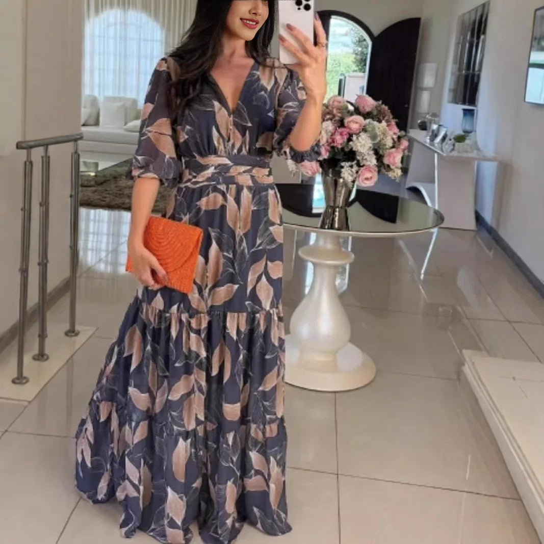 Summer Women Dresses Floral Print Ruffles Boho V-neck Short Sleeve Casual Loose Beach Dress Elegant Holiday Maxi Long Dress Robe