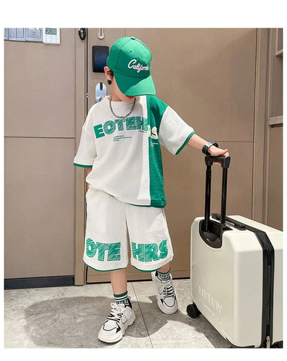 4 5 6 8 10 12 14 Years Summer Boys Clothing Sets New Fashion Letter Top + Shorts 2Pcs Kids Tracksuit Birthday Gifts Kids Clothes