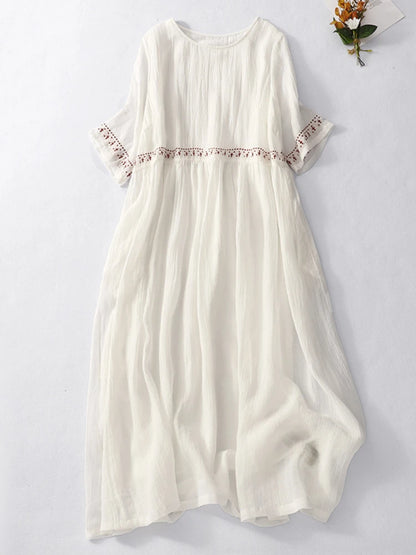 Summer New Dresses for Women LOOSE Embroidery Vintage Dress Streetwear Long Dresses Women Clothing Robe O-Neck White Dress