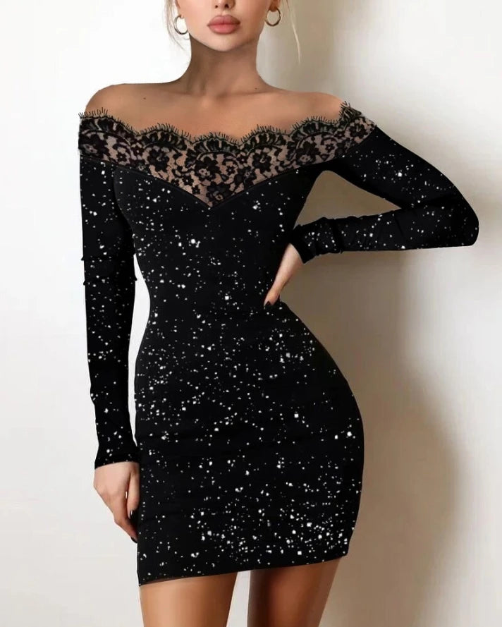 Women's Dresses 2022 Summer Fashion Sexy Off Shoulder Contrast Lace Glitter Plain Skinny Party Mini Long Sleeve Dress