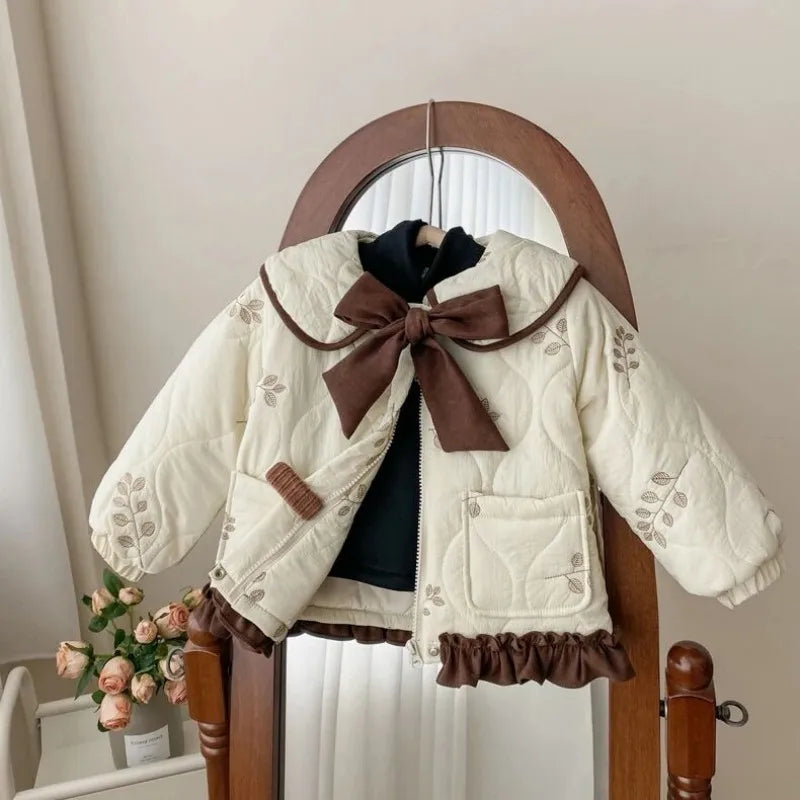 Winter Girls Coat Kids Baby Parkas Cotton Padded Plus Velvet Thickened Warm Children's Coat Solid Girls Embroidery Jacket