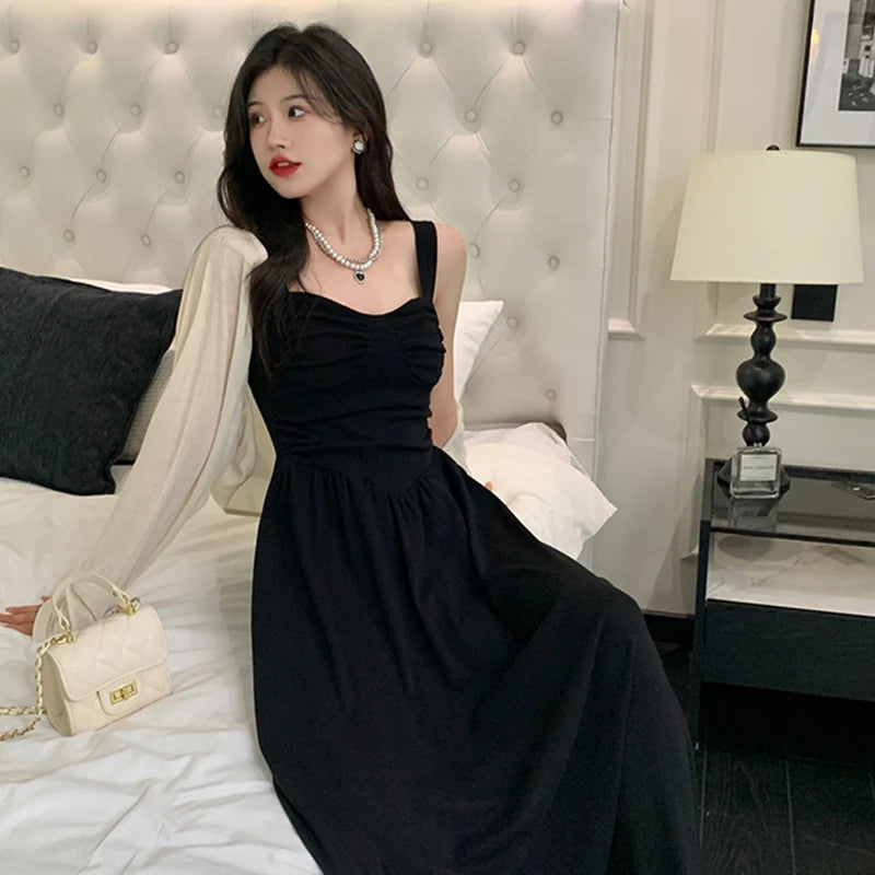 New Summer Women Elegant Black Suspender Dress Lady Concise Beach Prom Goddess Dress Female Classic Backless Ruched Long Dress
