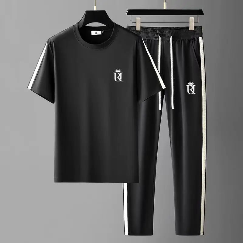Summer Men's Casual Sportswear Set, Summer Fashion 2-Piece co ord set With Short Sleeve T-Shirt & Side Stripe Pants