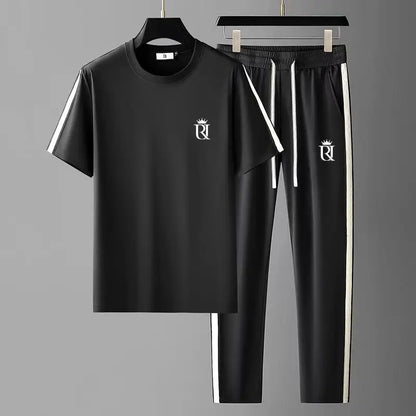 Summer Men's Casual Sportswear Set, Summer Fashion 2-Piece co ord set With Short Sleeve T-Shirt & Side Stripe Pants