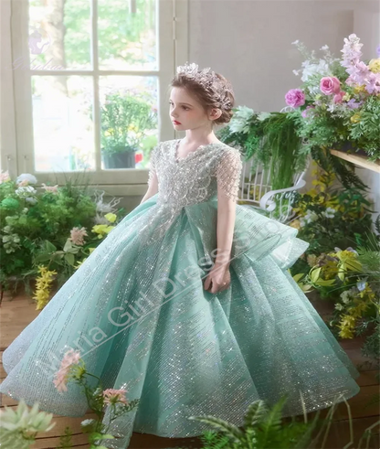 Beautiful Girls Party Dress Green Celebration Wedding Tube Bead Lace Flower Girl Dress Birthday Princess Pageant
