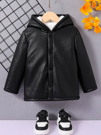 Fall/Winter Boys fashion hooded PU leather black button-lined wool top
