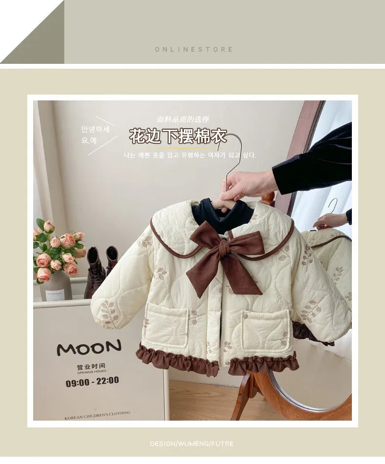 Winter Girls Coat Kids Baby Parkas Cotton Padded Plus Velvet Thickened Warm Children's Coat Solid Girls Embroidery Jacket