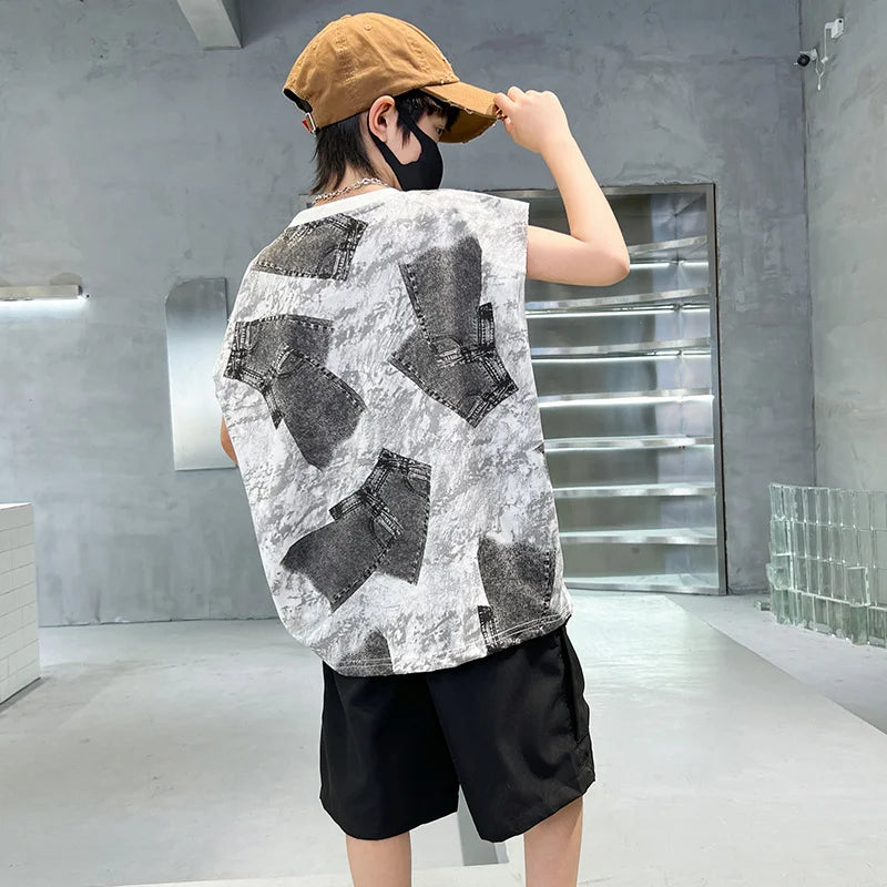 Boys Summer Clothing Sets Sleeveless Top + Shorts Two Pieces Soft Cotton Outfits for Kids Child Age 5 6 7 8 9 10 11 12 13 14 Y