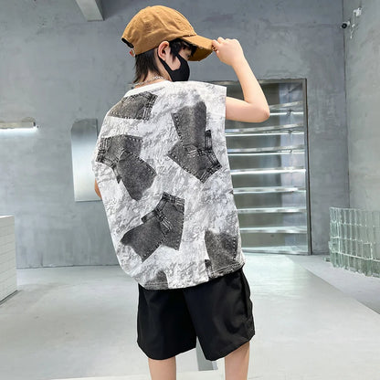 Boys Summer Clothing Sets Sleeveless Top + Shorts Two Pieces Soft Cotton Outfits for Kids Child Age 5 6 7 8 9 10 11 12 13 14 Y