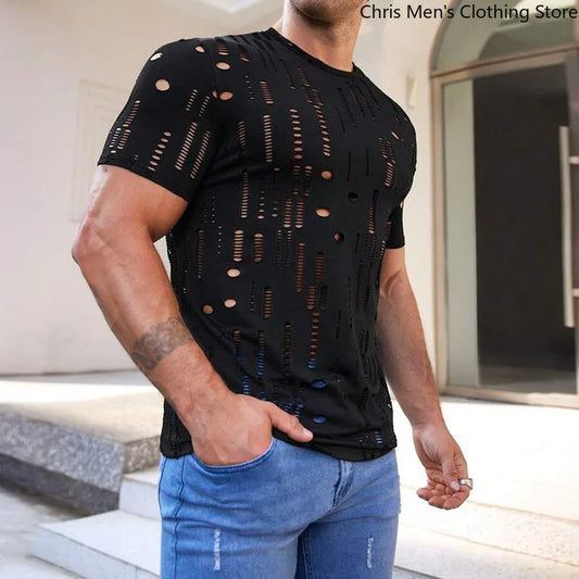 Summer Personality Fashion Breathable Men's Fitness Sportswear, Attractive Sexy Perspective Men Short-sleeved T-shirt Men Shirts