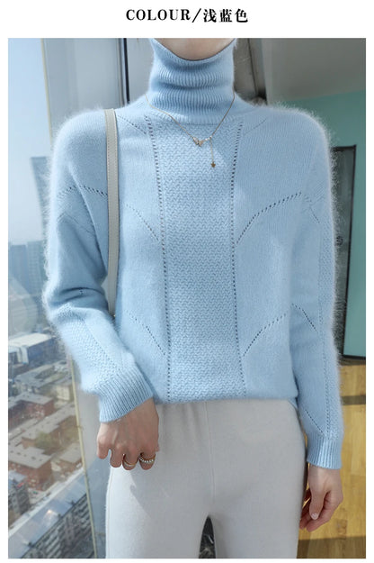 2024 Autumn and Winter Women's Dress 100% Mink Cashmere Sweater Turtleneck Knitted Long Sleeve Thick Warm Pullover Fashion Top