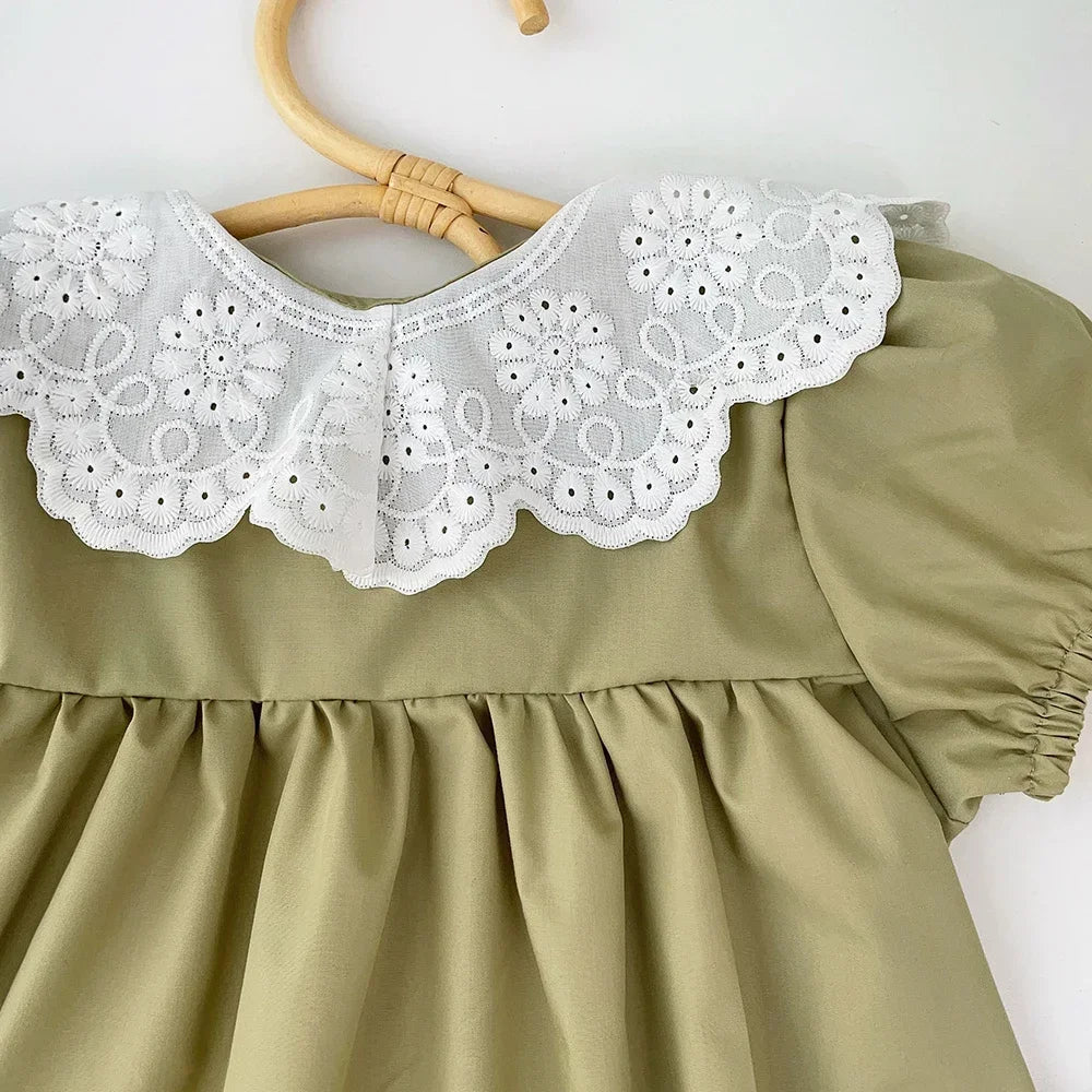 Girls Summer Dress Lace Collar Puff Sleeved Elegant Baby Kids Princess Birthday Dresses Children Clothes Vestidos  3-7 Years Old