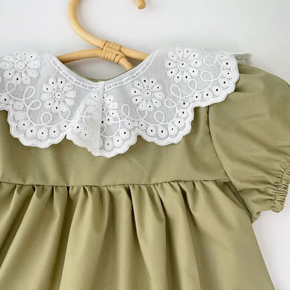 Girls Summer Dress Lace Collar Puff Sleeved Elegant Baby Kids Princess Birthday Dresses Children Clothes Vestidos  3-7 Years Old