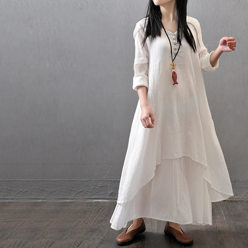 Summer Women  Boho Vintage Kaftan Loose Gypsy Maxi Dress Fake Two-piece Literary Irregular Large Swing Dress Robe