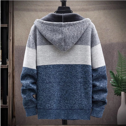 2025 Autumn Winter Fleece Hooded Sweatercoat Striped Knitted Cardigan Men Warm Casual Sweater Jackets Thick Knit Windbreaker Man