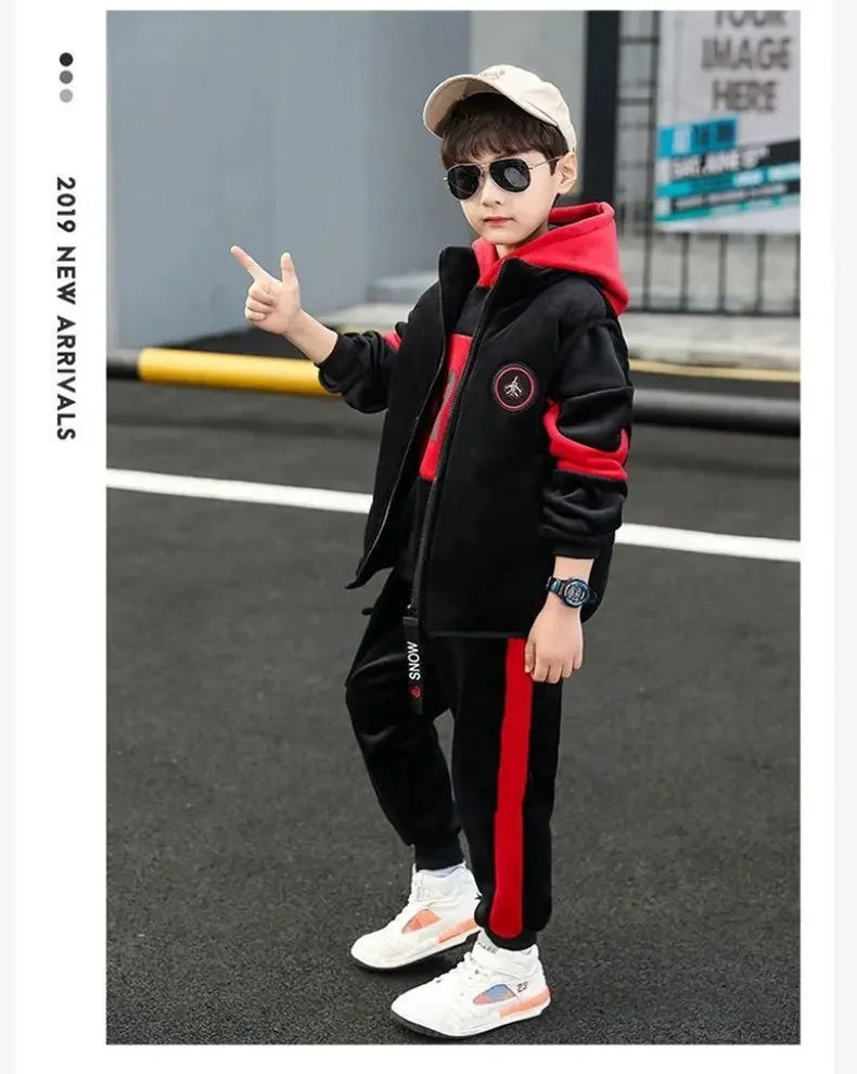 2023 winter Boys tracksuit Autumn Toddler Teenager Clothes vest velvet jacket + Sweatishrt hooded + Pant Children Kids 4 12 year