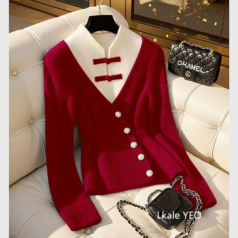 Autumn Winter 2025 Beautiful Temperament Chinese-Style Women Knitting Sweater Fake Two-piece Elegant Cardigan Ladies Sweater