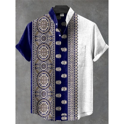 Men's summer shirt, fashionable stand up collar short sleeved cardigan, ethnic tribal printed pocket, linen breathable men's top