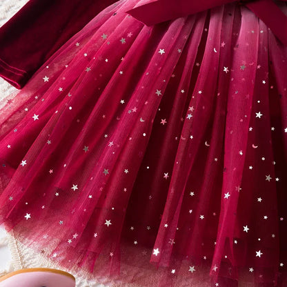 Girl Party Princess Dress Autumn Winter 3-8Y Children Christmas New Year Velvet Top Gradient Stars Mesh Bow Dres