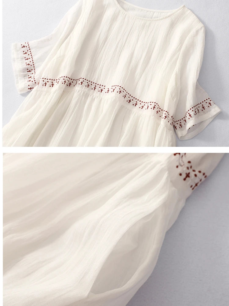 Summer New Dresses for Women LOOSE Embroidery Vintage Dress Streetwear Long Dresses Women Clothing Robe O-Neck White Dress