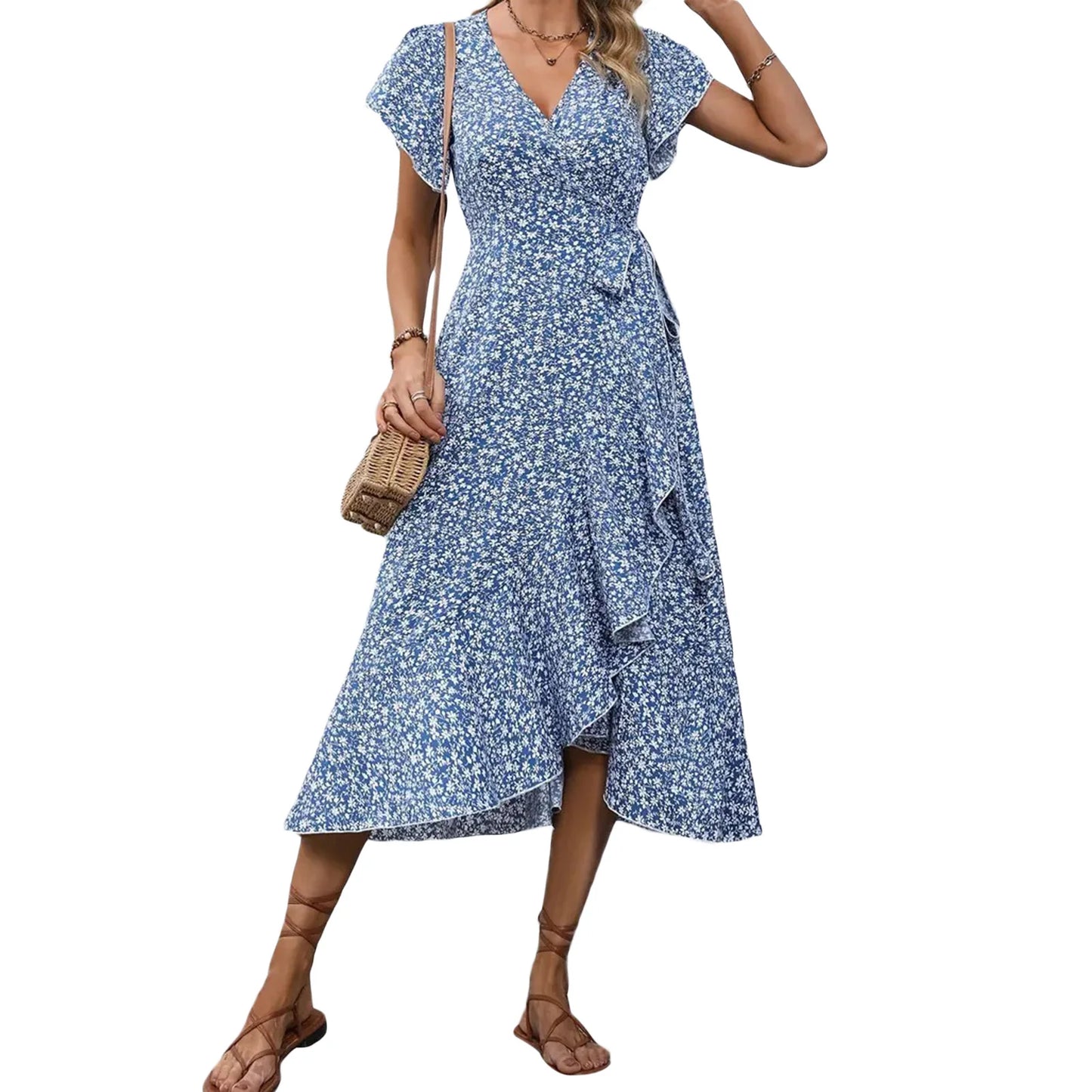 Women's Summer Flower Print Ruffle Dress Fashion 2025 Elegant Short Sleeve Wrap V Neck Tie Side Dresses