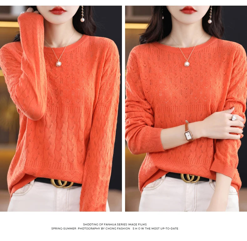 Worsted Wool Sweater Women's Spring 2023 New Western-Style Solid Color Round Neck Top With Long Sleeve Bottom Hollowed-Out Thin