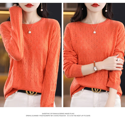 Worsted Wool Sweater Women's Spring 2023 New Western-Style Solid Color Round Neck Top With Long Sleeve Bottom Hollowed-Out Thin