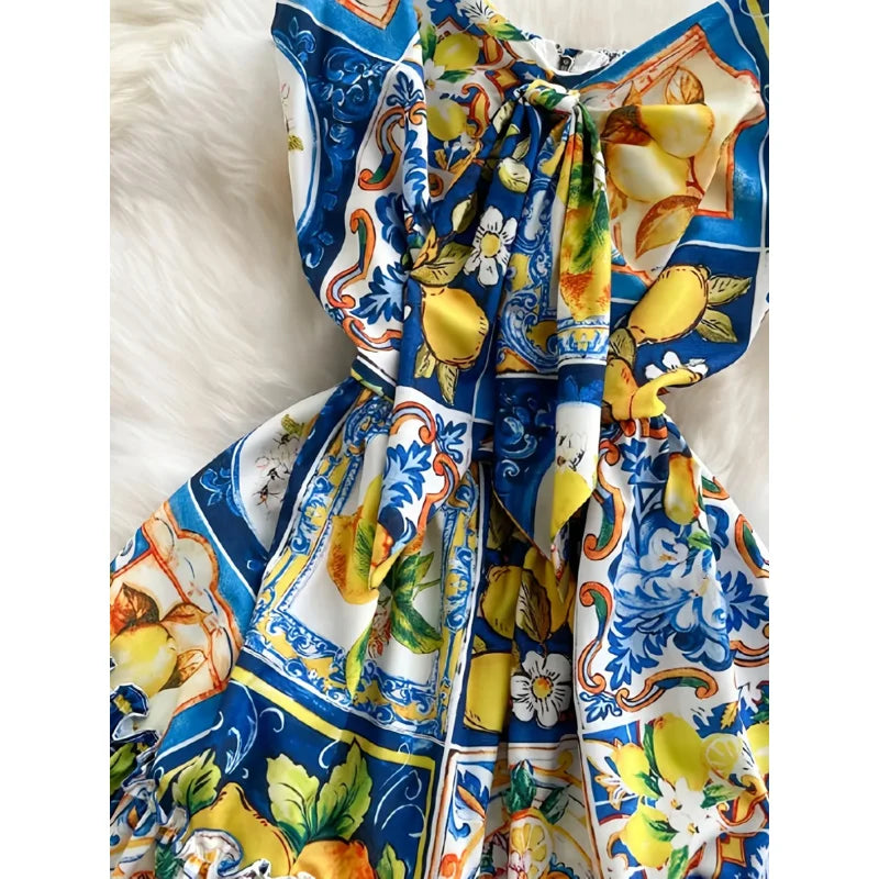 Summer Dress Woman 2025 Sexy Strap Lemon Print Bohemian Vacation Elegant Long Sundress