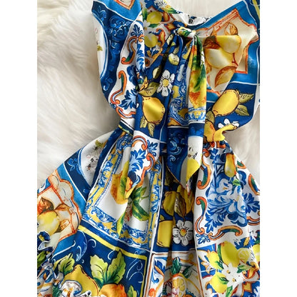 Summer Dress Woman 2025 Sexy Strap Lemon Print Bohemian Vacation Elegant Long Sundress