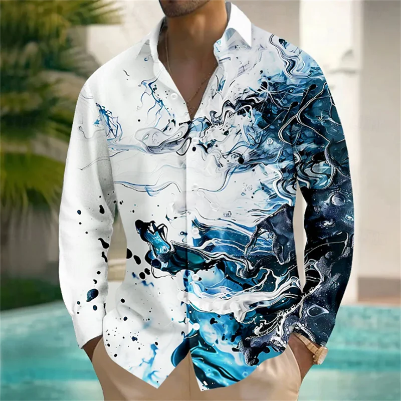 Summer Men's Shirt Abstract Art Color 3D Printing Hawaiian Men's Shirt Casual Long Sleeve Top Shirt Costume