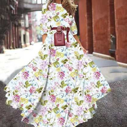 Summer Bohemian Floral Long Dress For Women Casual Holiday Beach Zipper Round Collar Pocket Slim-fitting Swing Robe Vestidos