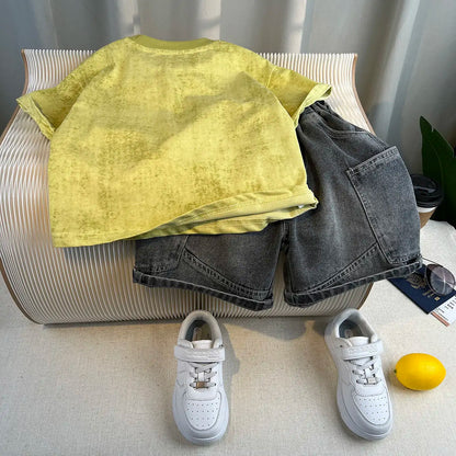 Boys Summer 2025 Boutique Design Outfits Baby Boys Short Sleeve Striped T-Shirt Jeans Shorts 2pcs Korean Clothes for Children
