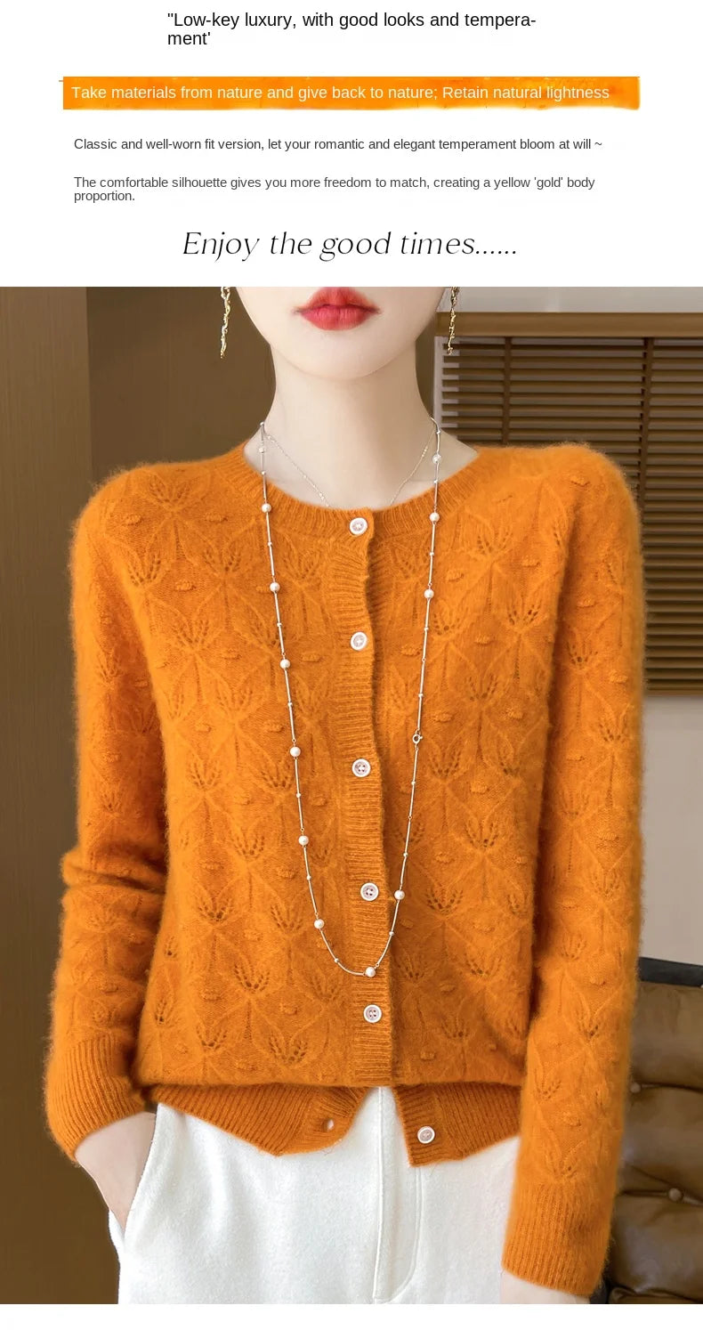 2024 Autumn And Winter New Round Neck Hollowed Out 100 Wool Knitted Cardigan Women's Versatile Coat Loose Casual Sweater DMR281