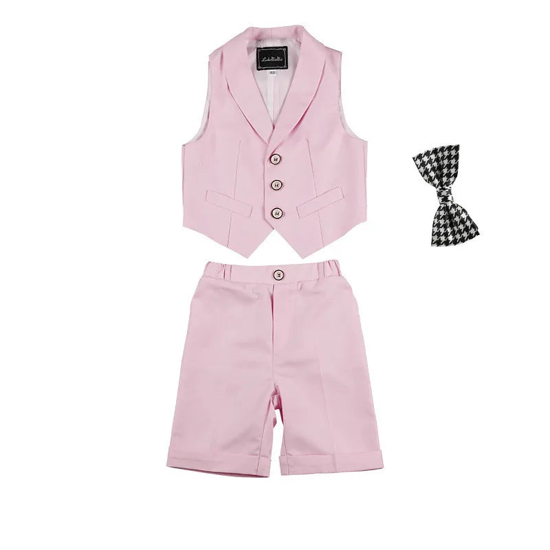 Boys Summer Vest Shirt Shorts Formal Dress Kids Candy Color Waistcoat Wedding Clothes Sets Child Uniforms Toddler Tuxedo Costume