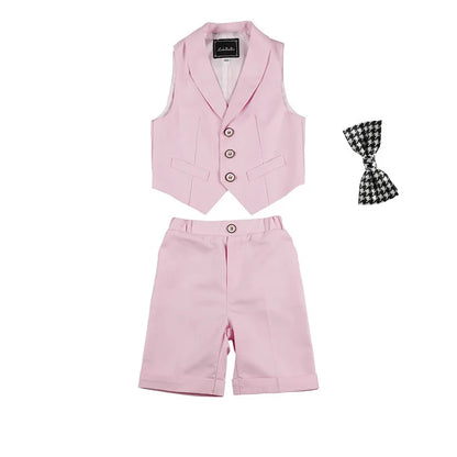 Boys Summer Vest Shirt Shorts Formal Dress Kids Candy Color Waistcoat Wedding Clothes Sets Child Uniforms Toddler Tuxedo Costume
