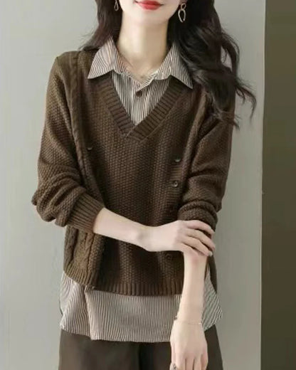 New Fake Two Piece Top Knit Sweater Women's Splice Shirt Collar Spring Autumn  Korean Loose Long Sleeve Sweater Female Pullover