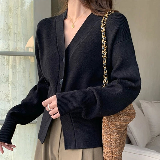 Zjaiss 2025 Autumn Winter Elegance Solid Color V-neck Sweater Knitted Casual Cardigan Unique And Niche Slim Fit Tops