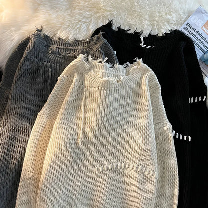 Fashion Niche Knitted Sweaters Autumn Winter Ripped O-neck Causal Loose High Street Knitted Sweater Men Pullovers Male Clothes