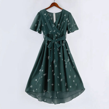 Women Summer Thin Dress Daily Casual Fashion Wrinkles V-Neck Waist Cinching A-Line Zipper Dress Lightweight Comfy Vacation Dress